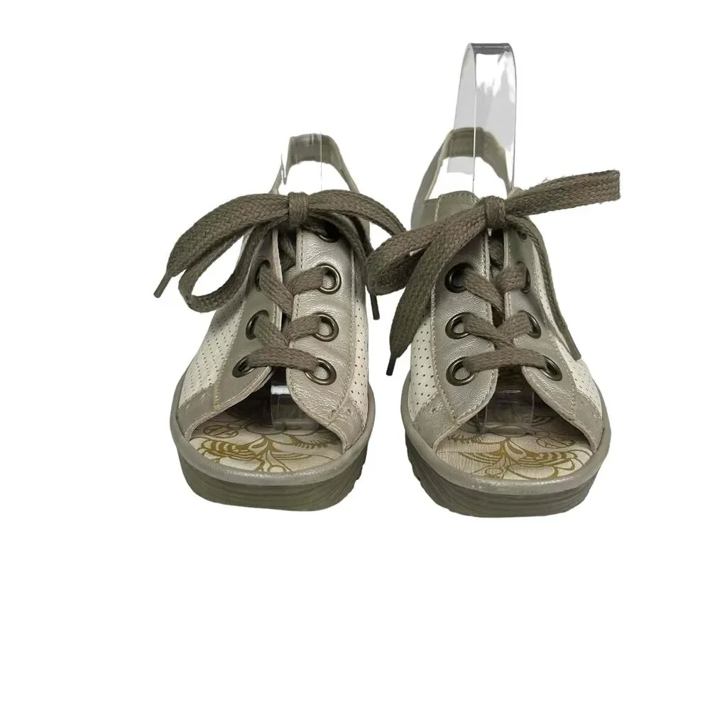 Fly London Womens White Silver Perforated Leather‎ Yuta Wedge Sandals Size 39